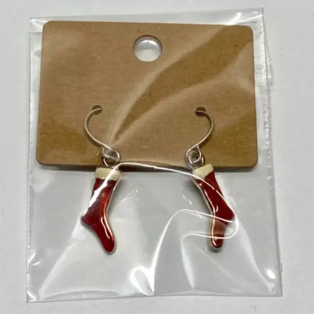 Christmas Stocking Earrings Dangle Style Holiday Season Red White Sock‎ Vintage